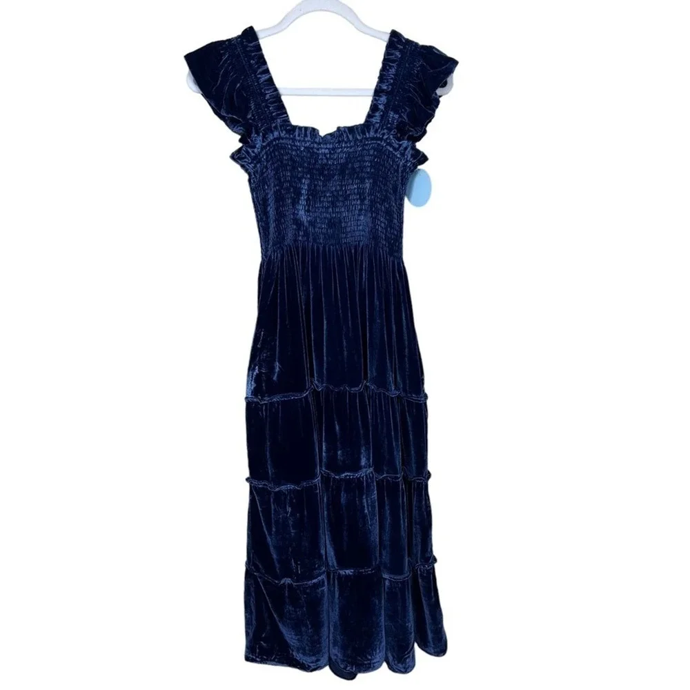 Hill House Navy Velvet Ellie Nap Dress S Holiday Midi Tired Ruched Sleeveless - Picture 7 of 14